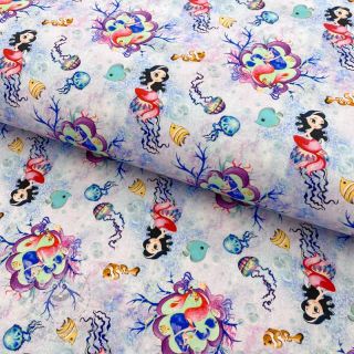 Bavlněná látka Snoozy fabrics Mermaids violet digital print